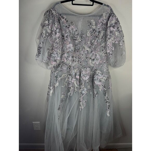 MAC DUGGAL Gray Puff Sleeve Glitter Embellished Dress Gown Midi 20475 Size 20W - Picture 4 of 6